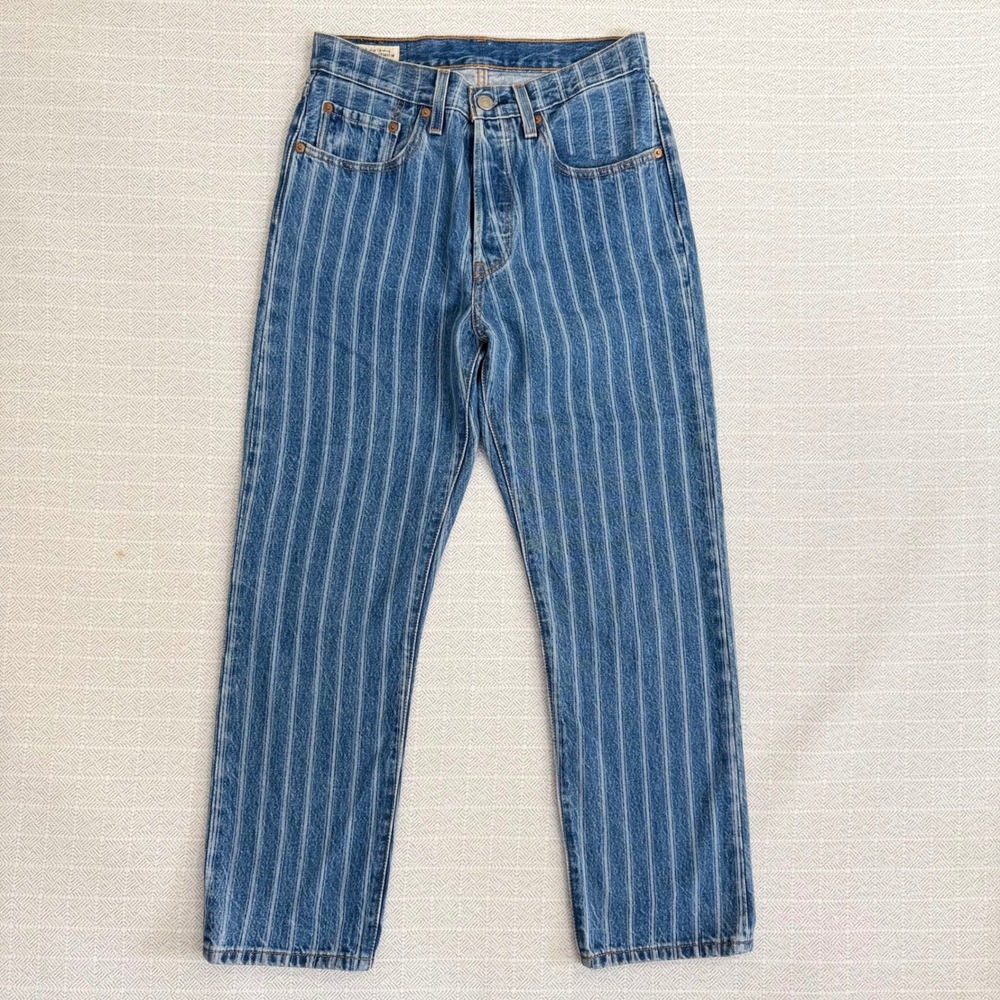 Levis Premium 501 Pinstripe Baggy Straight Leg Jeans Blue White W26 L26